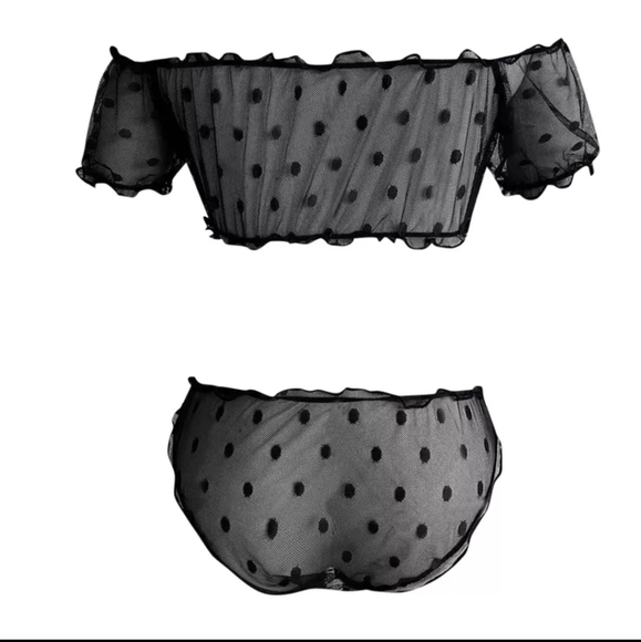 Dot Mesh Two Piece Off Shoulder Lingerie Set Bra Panties Bralette Set - Picture 2 of 5